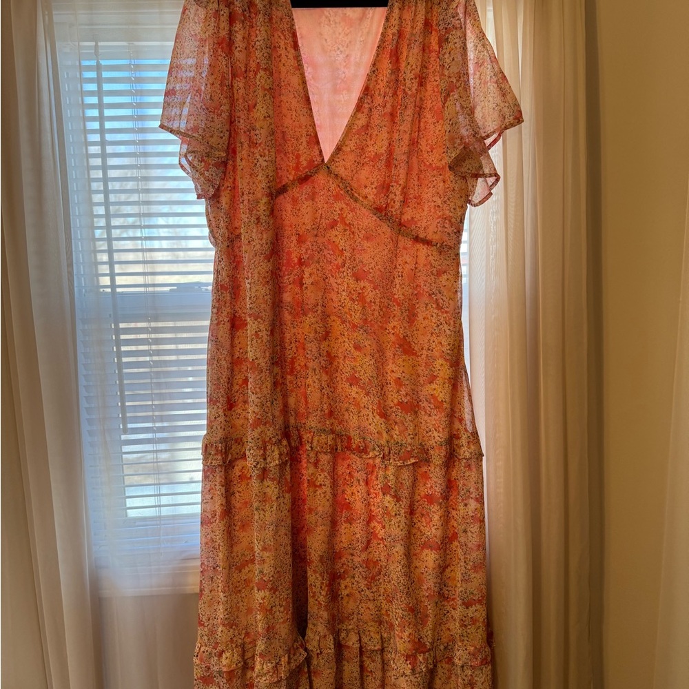 Baltic Born Coral Floral Ruffle V-Neck Maxi Dress